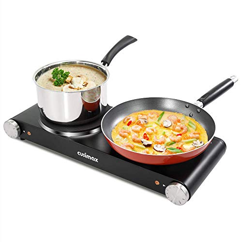 CUSIMAX 1800W Double Hot Plates, Cast Iron hot plates, Electric Cooktop, Hot Plates for Cooking Portable Electric Double Burner, Black Stainless Steel Countertop Burner, Easy to Clean