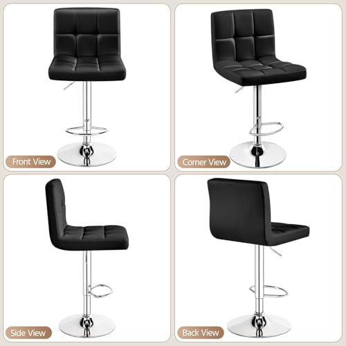 Image of Kemon KaiMeng Modern Adjustable Swivel Bar Stool Chair with Backrest, PU Leather Hydraulic Counter Stool with Footrest for Kitchen Island, Cafe & Home Bar, Black, Square Tufted Back Stool