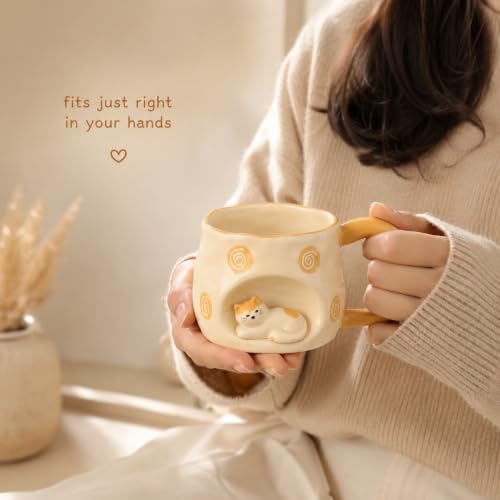 Image of 3D Sleeping Cat Mug with Gift Box | Cute Ceramic Coffee & Tea Cup for Cat Lovers, Women and Girls | 200 ml, Orange