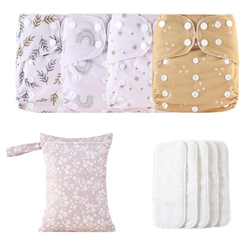 Pañales de tela preplegados, pañales de tela de poliéster TPU ajustables, lavables y reutilizables, 4 forros absorbentes, fundas impermeables con 1 bolsa húmeda y 4 insertos para niños pequeños, para