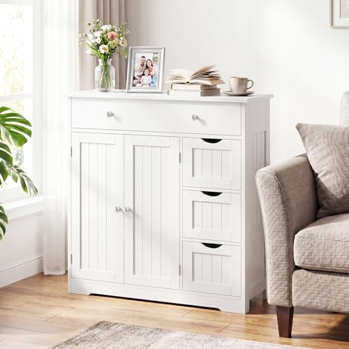 Image of Tangkula Bathroom Floor Cabinet, 4 Drawers, 2 Doors Cabinet (Off White)
