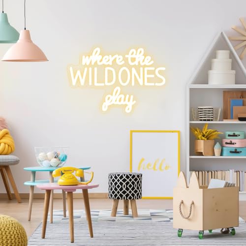 Image of Where the Wild Ones Play Neon Sign Dimmable Neon Signs for Wall Decor Letter LED Signs USB Light Up Sign for Playroom Wall Decor Playroom Decoration Essentials