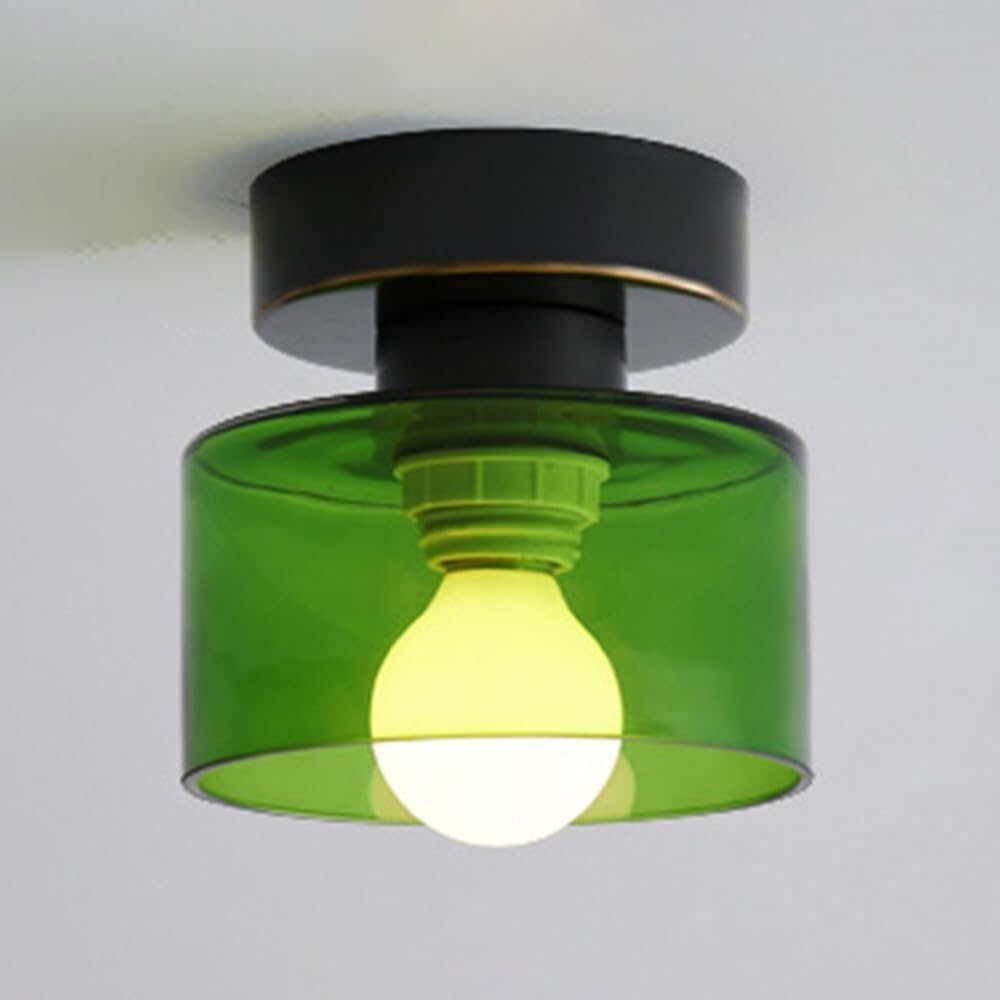Nordic Cylindrical Glass Ceiling Light, Semi Flush Mount Ceiling Lamp with Copper Body, E27 Modern Ceiling Light Fixture for Living Room, Corridor, Bedroom, Restaurant, 40W Green,White Light-6