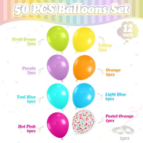 Image of Rainbow Balloons, 50 Pcs Colorful for Summer Birthday Baby Shower Party | 12 Inch Hot Pink Blue Yellow Green Multicolor Confetti Latex Balloons for Rainbow Neon Back to School Pool Party Decorations