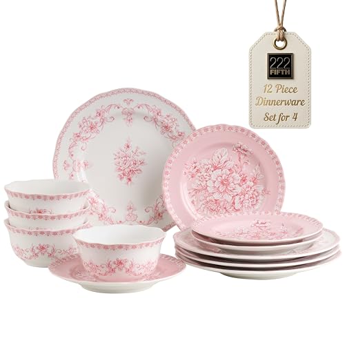 222 Fifth Genevieve 12-Piece Pink Porcelain Dinnerware Set | Microwave and Dishwasher Safe Big Dinner Plates and Bowls Sets for 4 | Chip-Resistant Blush Ceramic | Gifts for Housewarming & Wedding