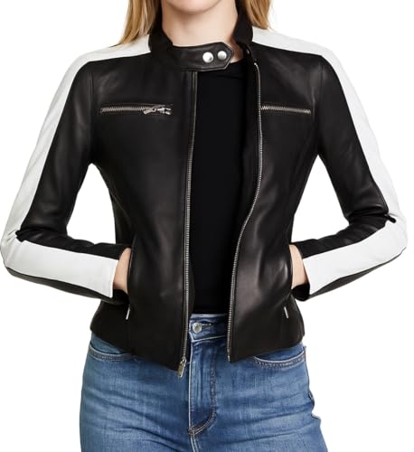 Women's Café Racer White Sleeve Stripe Motorcycle Slim Biker Black Leather Jacket