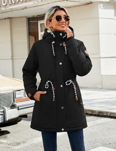 Xnova Wintermantel Damen Winterjacke Parka Lang Warm Gefütterter mit Kapuze, Teddyfleece Mäntel Reißverschluss Winterparka Mittlere Baumwolle Kapuzenmantel Fleece Wärme Frauen(Schwarz, M)