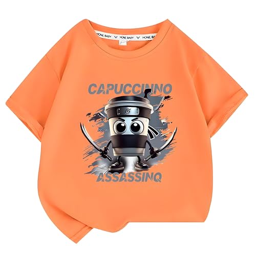 Kinder Cappuccino Assassino T-Shirt, Italian Brainrot Lustiges Drucken Rundkragen Kurzarm 100% Baumwolle Jungen Mädchen Geschenk Tee Shirts Top Orange 160 Kinder Cappuccino Assassino T-Shirt, Italian Brainrot Lustiges Drucken Rundkragen Kurzarm 100% Baumwolle Jungen Mädchen Geschenk Tee Shirts Top Orange 160