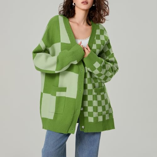 Womens Open Front Long Sleeve Chunky Knit Cardigan Sweater Color Block Checkered Knit Cardigan Sweaters Coat2