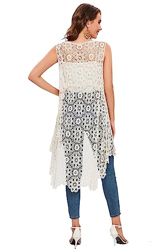 Women's Casual Long Crochet Vest Loose Fit Boho Lace Cover up High Low Sleeveless Cardigan2