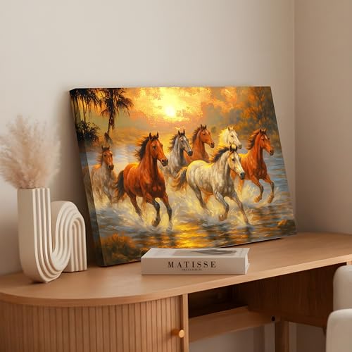 Image of 7 Running Horses Vastu Stretched Canvas Painting For Living Room Seven Horses Vastu Wall Art Painting Symbol of Success, Growth & Positive Energy Wall Art for Home & Office, 22x34 Inch