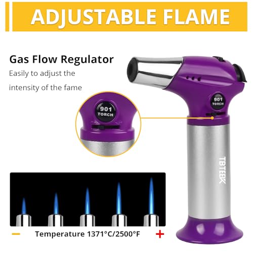 Image of TBTEEK Butane Torch T901, Kitchen Torch Cooking Torch with Safety Lock & Adjustable Flame for Cooking, BBQ, Baking, Brulee, Creme, DIY Soldering(Butane Not Included), Purple