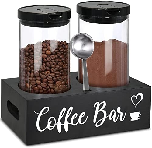 Glass Coffee Containers with Shelf,Coffee Station Organizer,Coffee Conisters Storage Jars with Spoon,2x48oz Coffee Bean Storage with Airtight Locking Clamp,Coffee Container for Ground CoffeeBlack)