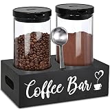 Glass Coffee Containers with Shelf,Coffee Station Organizer,Coffee Conisters Storage Jars with Spoon