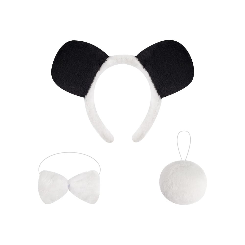 HugeDE 3 Pcs Panda Costume Set Panda Ears Headband Plush Panda Tail White Bow Tie Black and White Hairband Animal Costume Accessories Halloween Cosplay Headwear
