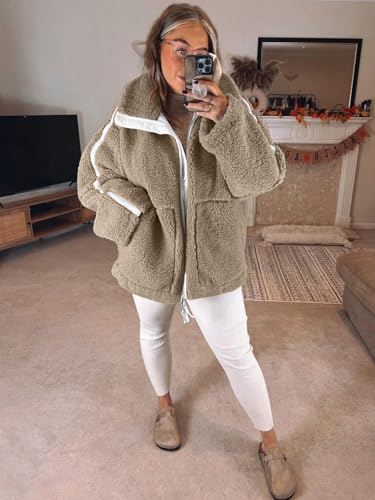 Tankaneo Womens Oversized Sherpa Fleece Jacket Zip Up Teddy Coat Winter Warm Stand Collar Fuzzy Outerwear2