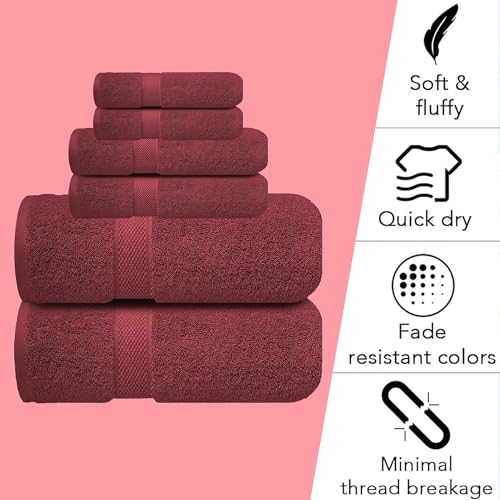 Image of Sulfar 100% Combed Cotton, 6 Pcs Towel Set - 2 Bath Towels (70 x 140 cm), 2 Hand Towels (40 x 70 cm) and 2 Face (30 x 30 cm) (600 GSM, Pack of 6) Red Wine