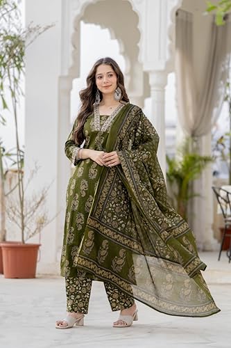 Image of PARTHVI Women's Cotton Printed Kurta Set with Pants & Dupatta | Elegant Ethnic Wear for Women | Floral Print | Comfortable Suit Set