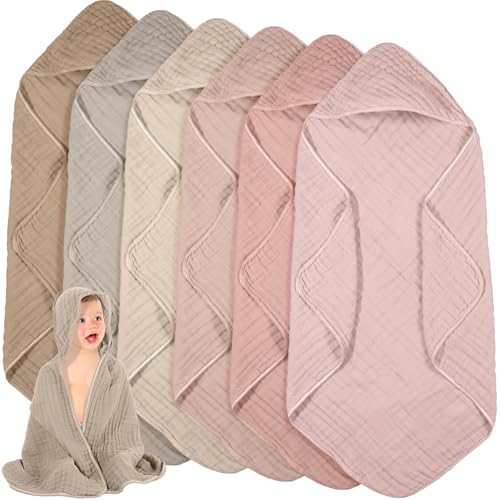 Image of Peryiter 6 Pcs Muslin Hooded Baby Towels, 32"x 32" Cotton Newborn Bath Towel Muslin Infant Baby Blankets Absorbent Unisex Newborn Registry Gift Essentials for Girls Boys (Brown and Pink Series)