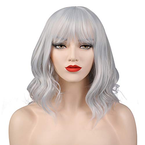 OKVGO Kurze lockige Bob Perücke mit Perückenkappe für Frauen Cosplay Party und den täglichen Gebrauch, Silber-Weiß Cover