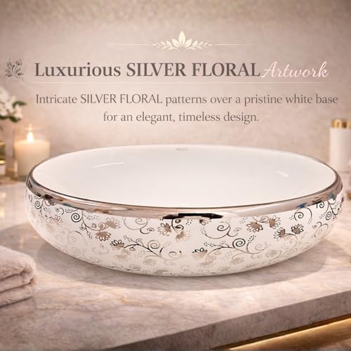 Image of Wallace Oval Table Top Wash Basin 60x40x15 cm | Premium Ceramic Countertop Vessel Sink with Silver Floral Design | Over Counter Designer Bathroom Basin