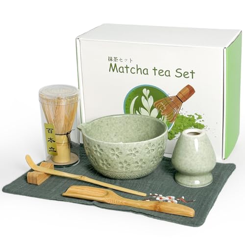 GUDELAK 7 Stück Matcha Set Grün, Keramik Macha Tea Set mit Matcha Schale, Matcha Besen, Besenhalter aus Keramik, 2 Match...