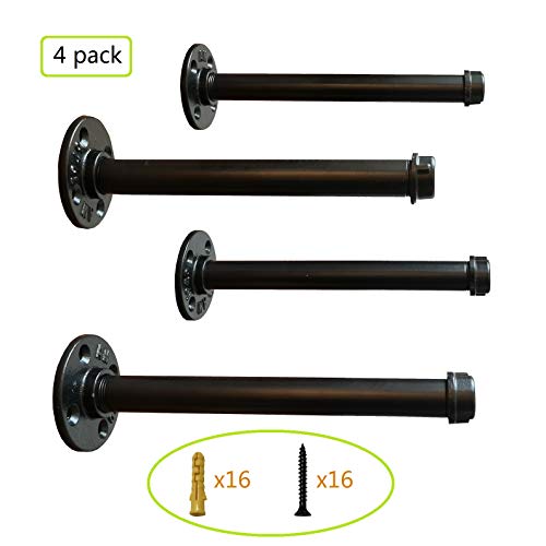Industrial Black Iron Pipe Decor Shelf Brackets 8 inchâ€“ Set of 4, Heavy Duty Industrial Pipe Decor Floating Brackets for Shelves,Garment Rack, Coated Finish