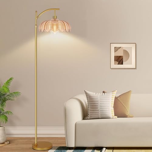 Image of Vintage Floor Lamps for Living Room Glass Floor Lamp with Remote Control & 3 Color Temperature,Dimmable Floor Lamp Gold Mid Century Modern Standing Lamp Brass Tall Floor Lamps for Bedroom Corner