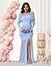 JustVH Maternity Long Sleeve Off Shoulder Baby Shower Dress Party Mesh Paneled Split Maxi Photography Gown for Photoshoot Blue