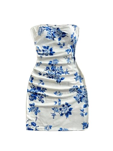 MakeMeChic Women's Summer Floral Tube Top Mini Dresses Blue and White Ruched Strapless Sundress
