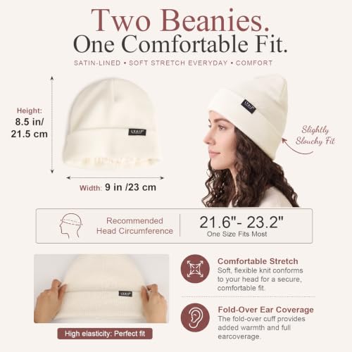Image of 2 Pack Satin Lined Beanies for Men and Women Warm Cuffed Winter Hats | 60% cotton and 40% acrylic knit with smooth satin lining, stretch fit, cuffed ear coverage, and two-hat value for winter wear
