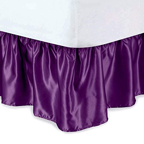 Bed Skirt - Ruffled Bed Skirt with Split Corners Purple, Full Size, 24 Inch Drop Bedskirt with Platform Three Sided Coverage Soft Silky Satin Fabric and Luxurious Look Bed Skirts