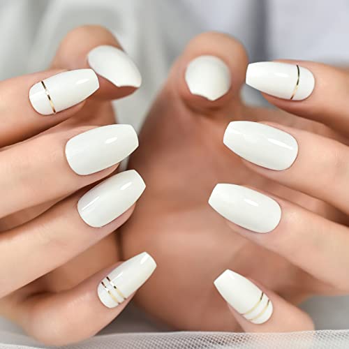 Echiq Nude White Glossy Press On Nail With Gold Line Acrylic Reusable Solid Color Medium Long Nature False Nails Wearable Full Cover Coffin Artificial Fake Nail Tips For Women Girls Gift 24Pcs/Set #TOP5