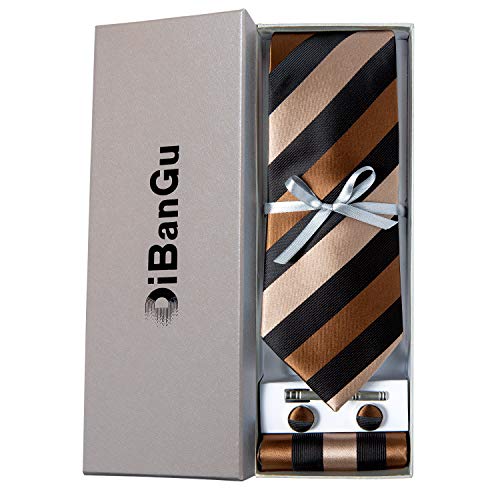 Image of DiBanGu Mens Striped Tie Silk Woven Necktie and Pocket Square Cufflinks Tie Clip Set Wedding Business Formal Gift Tie for Men