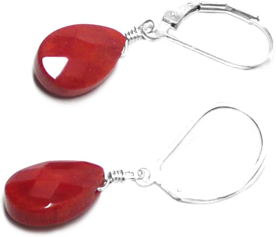 Dyed Red Coral Briolette Sterling Silver Lever Back Earrings Crystal