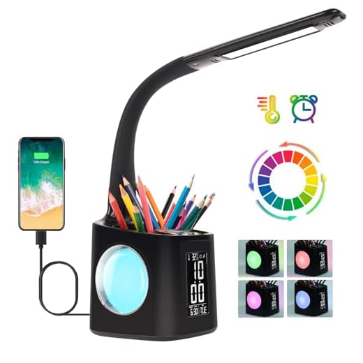 wanjiaone LED Desk Lamp with Clock,Color Changing Nightlight,Study Lamp with Pen Holder,Desk Light with USB Charger,Table Light for Home,Office,Gift for Kids,Students,Women,Black