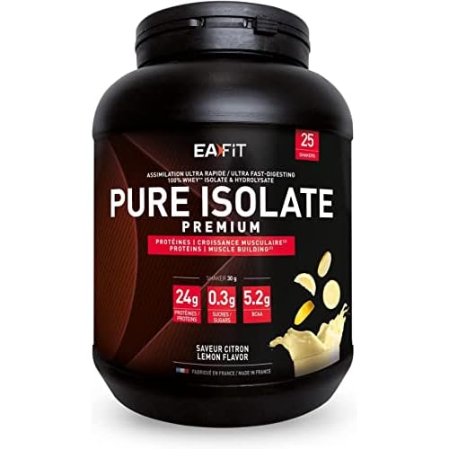EAFIT – Pure Isolate – Protéines d&rsquo;isolat de Whey en poudre – Croissance musculaire – Par shaker : 24g de whey protein+5,2g de BCAA, Assimilation ultra-rapide,Citron 1,5g de creatine 750g