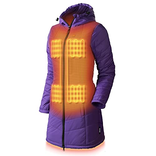 Victoria Women’s Long Puffer Heated Jacket - 9 hrs of Heat | 5 Heat Zones | with Battery & Charger | Machine Washable | All Day Warmth | XL Plum