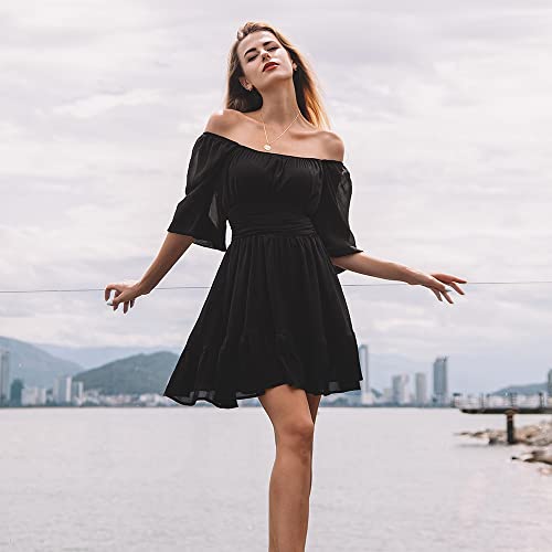 Exlura Women's Lantern Sleeve Tie Back Casual Dresses Ruffled Off Shoulder A-Line Vintage Mini Dress Black #TOP4