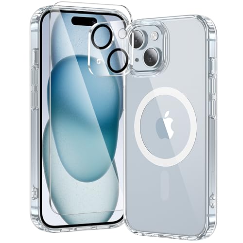 toushion 3 in 1 for iPhone 15 Case Clear with MagSafe, Not Yellowing, Screen Protector*1 Camera Lens...