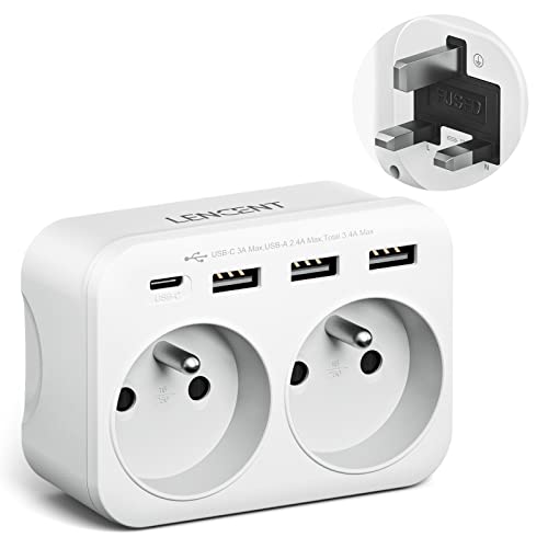LENCENT Adaptateur Prise Anglaise/UK/Angleterre, Prise Française avec 3 Ports USB et 1 Port USB-C adapté à Irlande, Royaume-Uni, Écosse, Adaptateur électrique Mâle UK/ Femelle France, Type G
