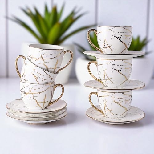 Image of Bone China Gold Line Diamond Cup with Saucer Set of 12 Pcs | Tea /Coffee Cups 200 ml | Microwave & Dishwasher Safe | Bone-Ash Free | Crockery Set Ideal for Daily Use & Gifting (White)