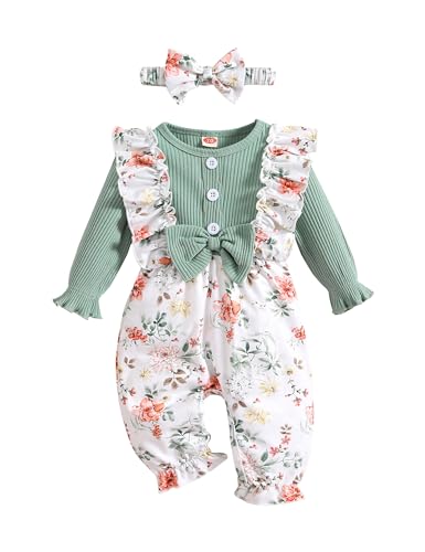 Image of GiHaood Newborn Baby Girl Clothes Romper Long Sleeve Floral Button Jumpsuits Cute Preemies Infant Girl One-Piece Outfit 0-3 Months