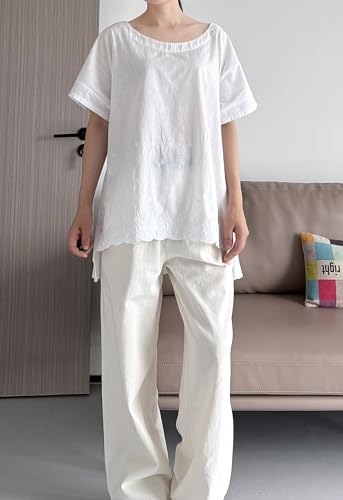 Minibee Women's Summer Linen Tunic Shirt High Low Hem Embroidery Blouse Top2