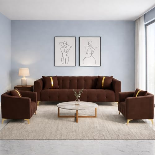 Image of Adorn India Premium Mystic - 3 Years Warranty - 3+1+1 Sofa Set Velvet Suede Fabric - Brown