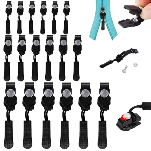 18 Pcs Cabezal con Cremallera, Accesorios con Cremallera de Ensamblaje con 3 Tamaños Diferentes, Reparación Universal de La Cremallera, Adecuado Para Cambiar de Ropa y Mochila - Negro
