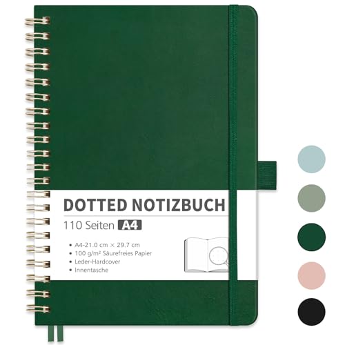 RETTACY Notizbuch A4 Dotted, Bullet Dot Journal mit 100 g/m² Dickem Papier, 55 Blatt, Notebook für Büro und Schule, Lederhülle, Lederhülle, 21 cm x 29.7 cm