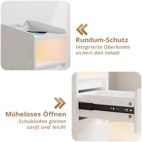 IRONCK Nachttisch Schmal, Beistelltisch mit Ladestation und LED, Bedside Table mit Offenem Fach, für Schmale Räume Schlafzimmer, Wohnzimmer, Weiß