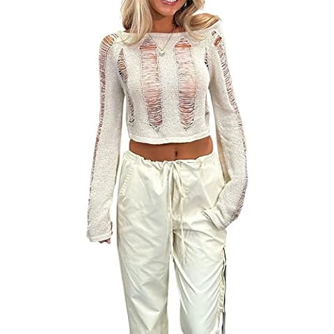 memoriesofu Women's Sexy Hollow Backless Ripped Cropped Long Sleeve Knit Tops Loose Spaghetti Straps Crochet Knit Pullover Sweater Tops (White, S) Cover