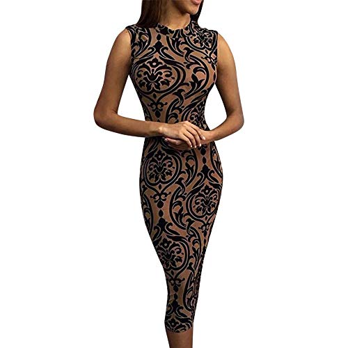 YEBIRAL Damen 1950er Vintage Rockabilly Kleid Ärmellos Knielang Enges Kleid Pencil Bleistiftkleid Bodycon Cocktailkleid(M,Braun)